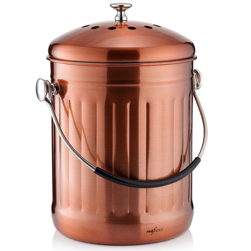 RED FACTOR Premium Compost Bin for Kitchen Countertop - Stainless Steel Food Waste Bucket with Innovative Dual Filter Technology - Includes Spare Filters (Matt Copper, 1.3 Gallon) - Image 1
